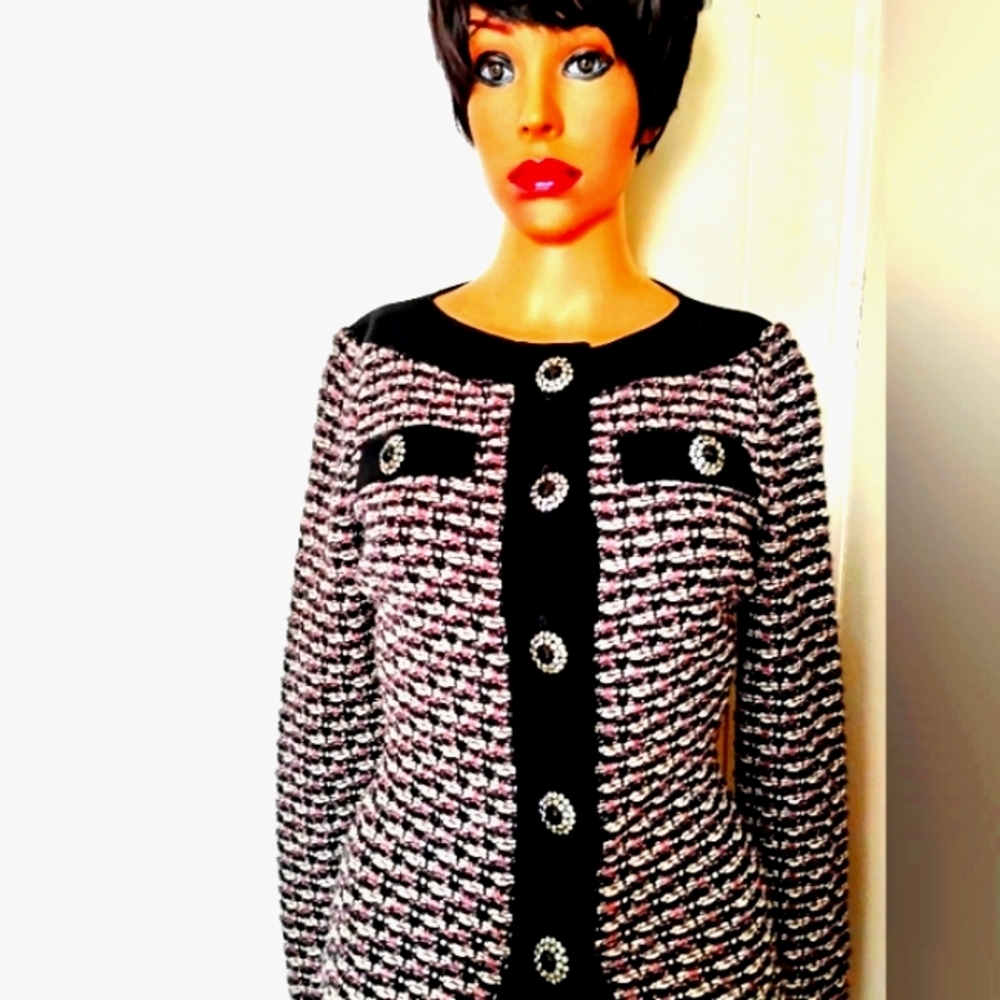 ST JOHN 2-6 BLACK PURPLE TWEED BOUCLE BLACK EYELASH METALLIC KNIT CRYSTAL JACKET - Picture 16 of 16